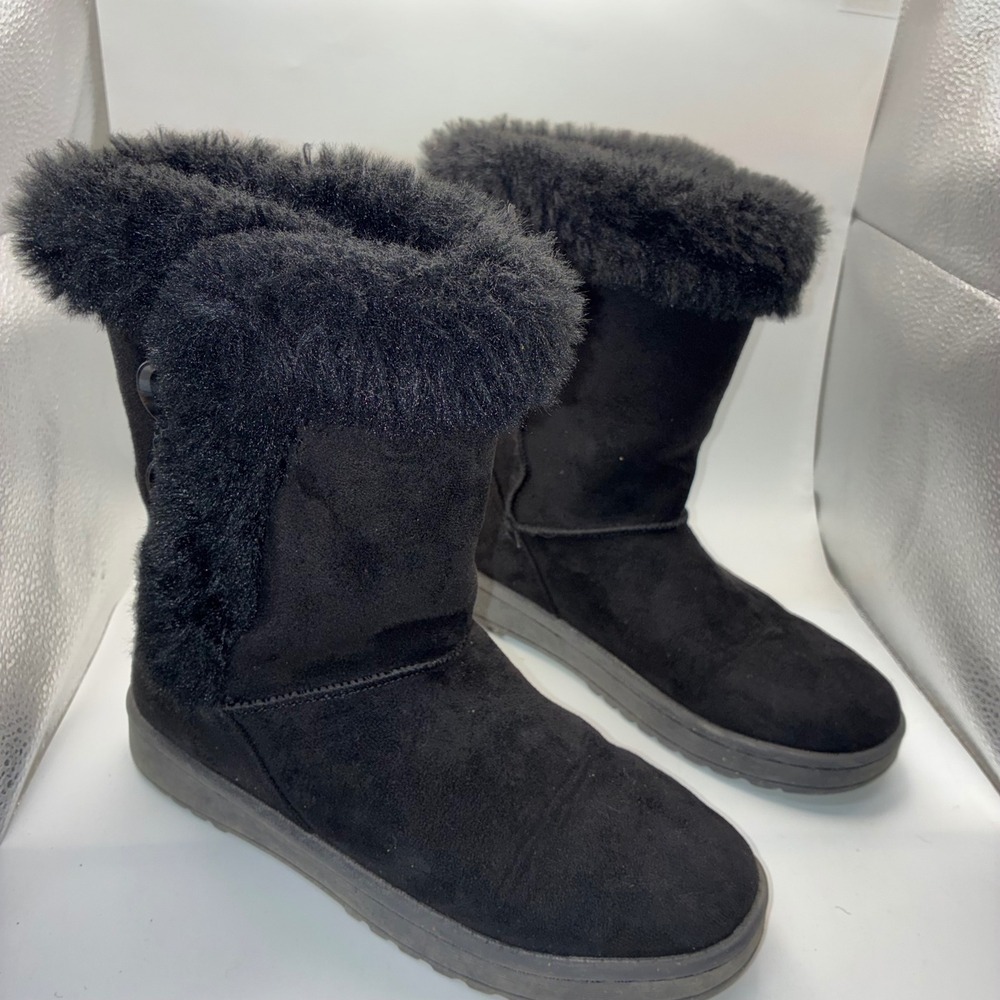 Black Faux Suede Mid-Calf Winter Boot with Faux Fur Trim and Side Buttons Size 5